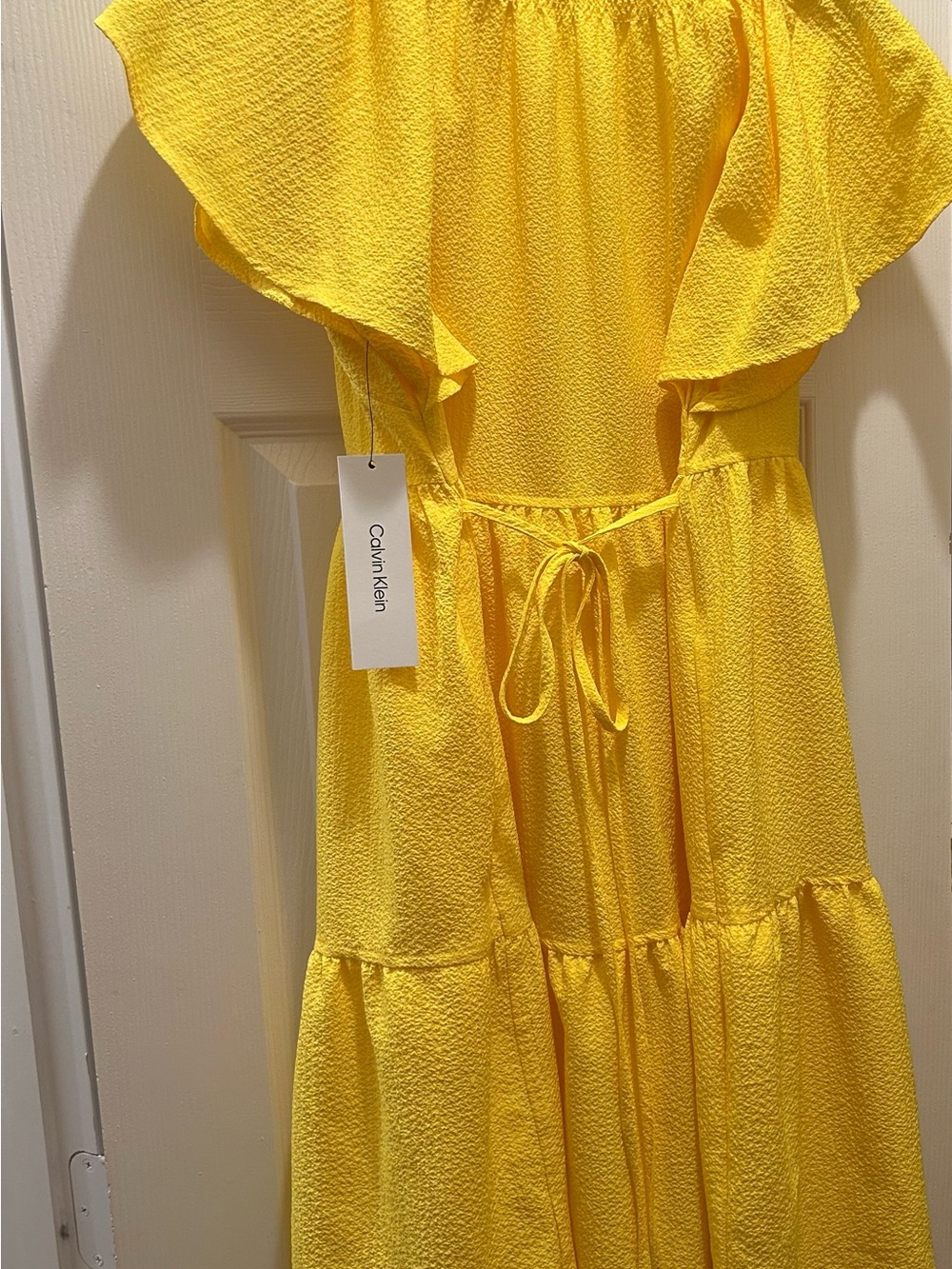 Calvin Klein Bright Yellow Tiered Flutter-Sleeve Dress - Picture 8 of 8